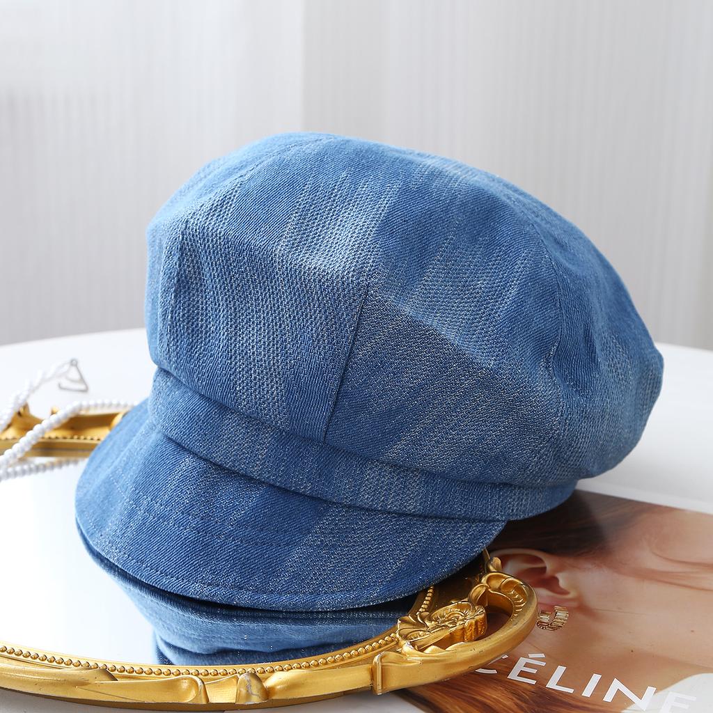 New Make Old Denim Cap Women's Casual Short Brim Shade Octagonal Beret Retro Versatile Newsboy Hat