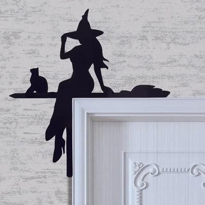 Black Cat Witch Broom Halloween Door Corner Decoration Indoor and Outdoor Acrylic Frame Wall Sculpture for Living Room