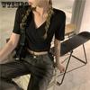 WTEMPO Ummer Casual Tees Women Solid V-neck Cropped Tops Cross Tie-Up Harajuku Basic Korean T-Shirts Streetwear