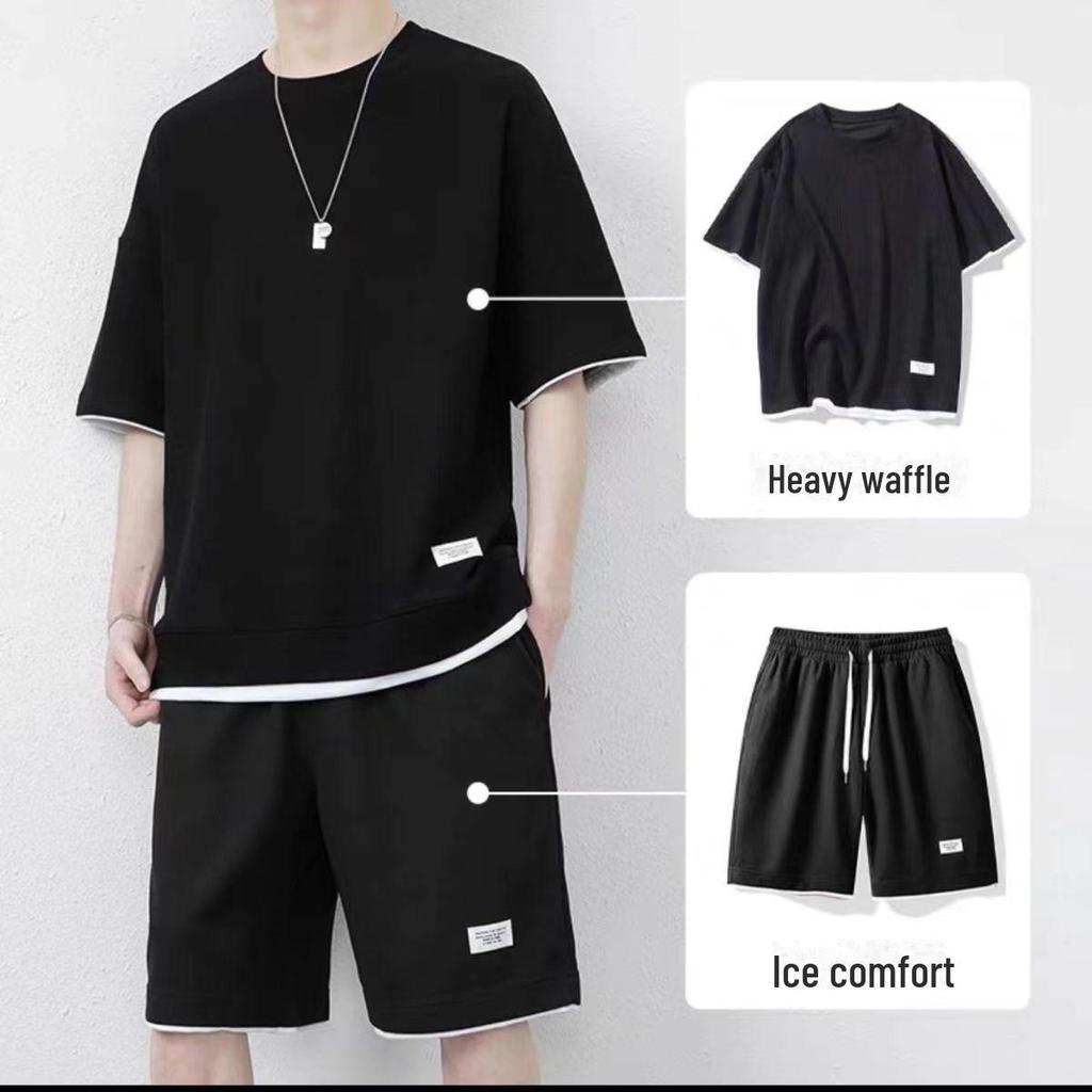 2022 Men's Waffle Short Sleeve Sports Leisure Suit - 2-Piece Set