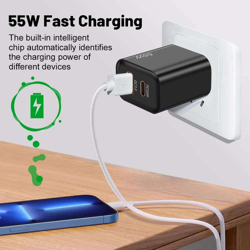 55W USB Type C Charger Quick Charge 3.0 Phone Charge Adapters for IPhone 16 15 Pro Max Xiaomi Samsung Type C Fast Wall Charger