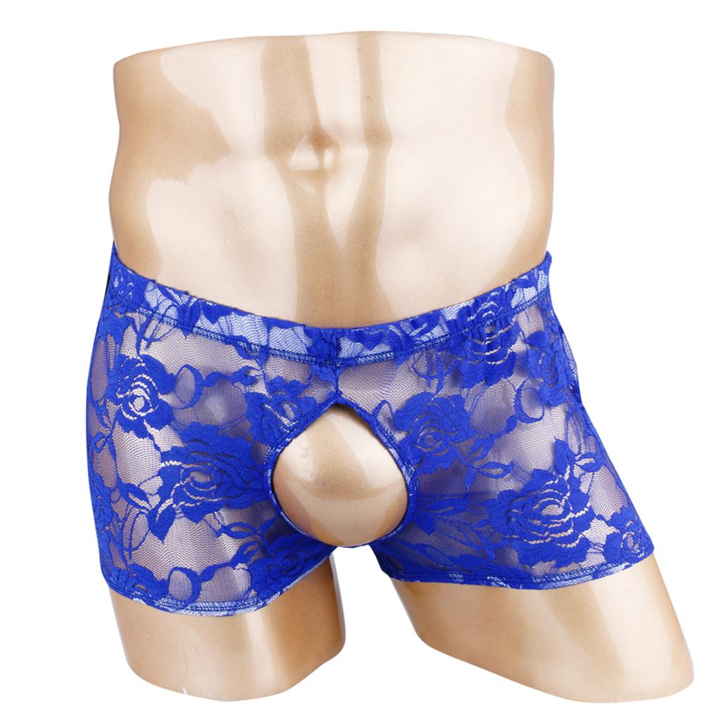 Men Sheer Lace Boxer Shorts Open Front Back See Through Pants Underwear