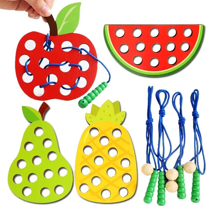 Wooden Lacing Toy Educational Fruits Threading Activity Puzzles Studying Fine Motor Skill Car Toy Set for Toddlers Kid Best Gift