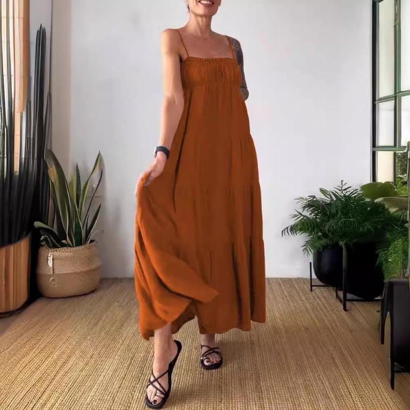 Spring Summer Solid Color Casual Chest Wrapped Pleated Suspender Dress for Women