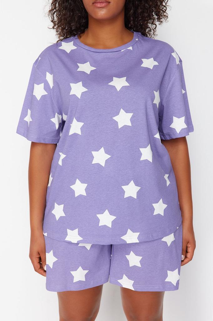 Women's Style Plus Size Lilac Star Printed Knitted Pajama Set