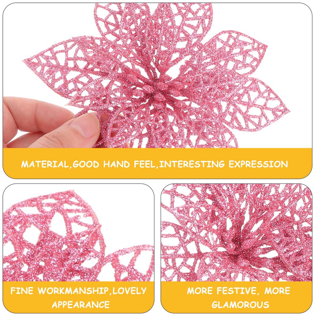 10pcs Christmas Glitter Poinsettia Flowers Tree naments Flower Artificial Decoration Tree nament Xmas Party Supplies