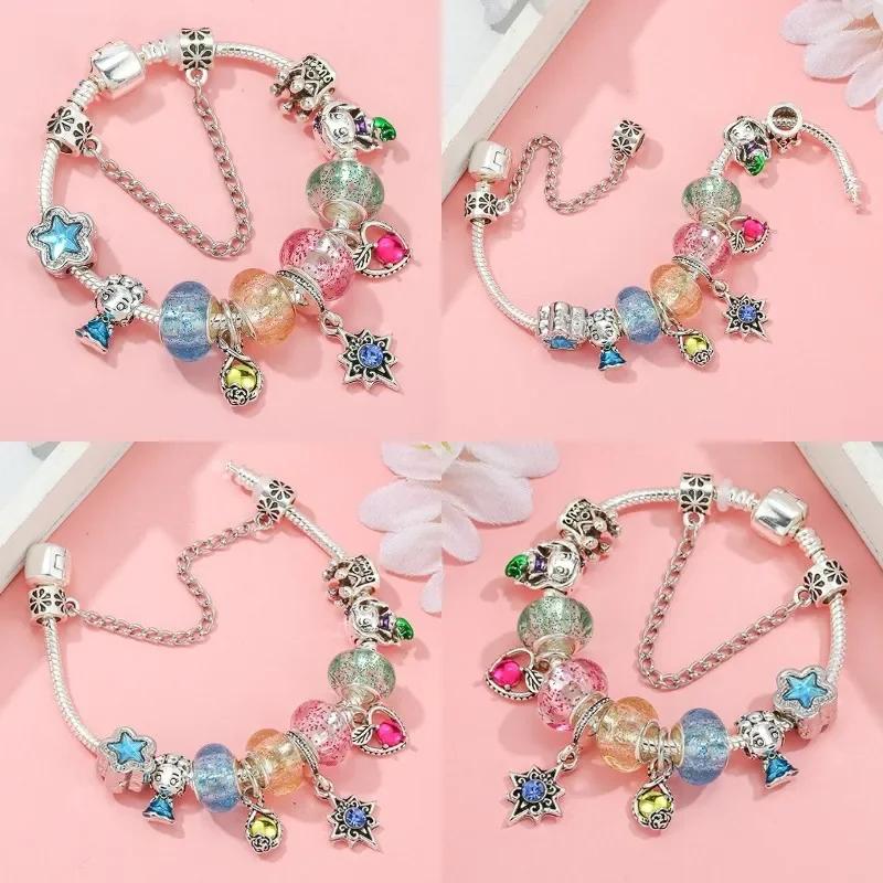 Colors Enamel Disney Princess Dress Charms Pulseiras for Girls Colorful Glass Beads Bracelets&Bangles Women Cartoon Skirt Dangle
