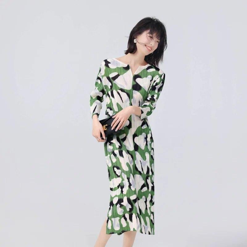 

Повседневное платье женское осень/лето новое морщинистое тонкое зеленое повседневное платье средней длины с нерегулярным принтом женские топы XXXL зелёный