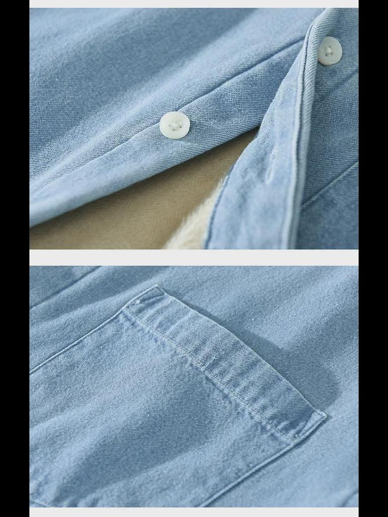 1355 Men's Plush Thick Warm Long-Sleeved Japanese Style Denim Coat Shirt