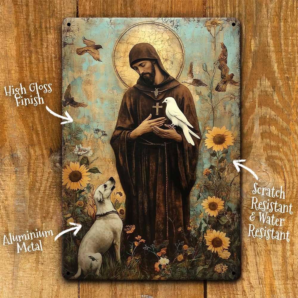 

Святой Франциск и животные Металлическая настенная табличка, Рустикальный христианский декор, Погодоустойчивая алюминиевая религиозная табличка для дома 20x30cm