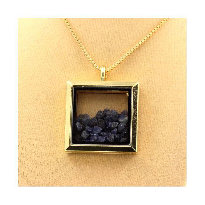 Stones and Minerals. Raw Sapphire Necklace. Square Model. Gold Color.