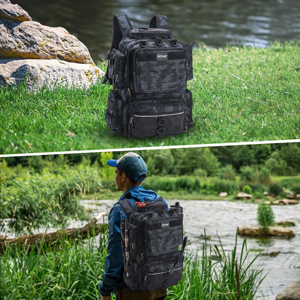 Goture Water-Resistant Fishing Backpack Lightweight Large Hiking Hunting Bag with Rod Holder Adjustable Tackle Storage Pack