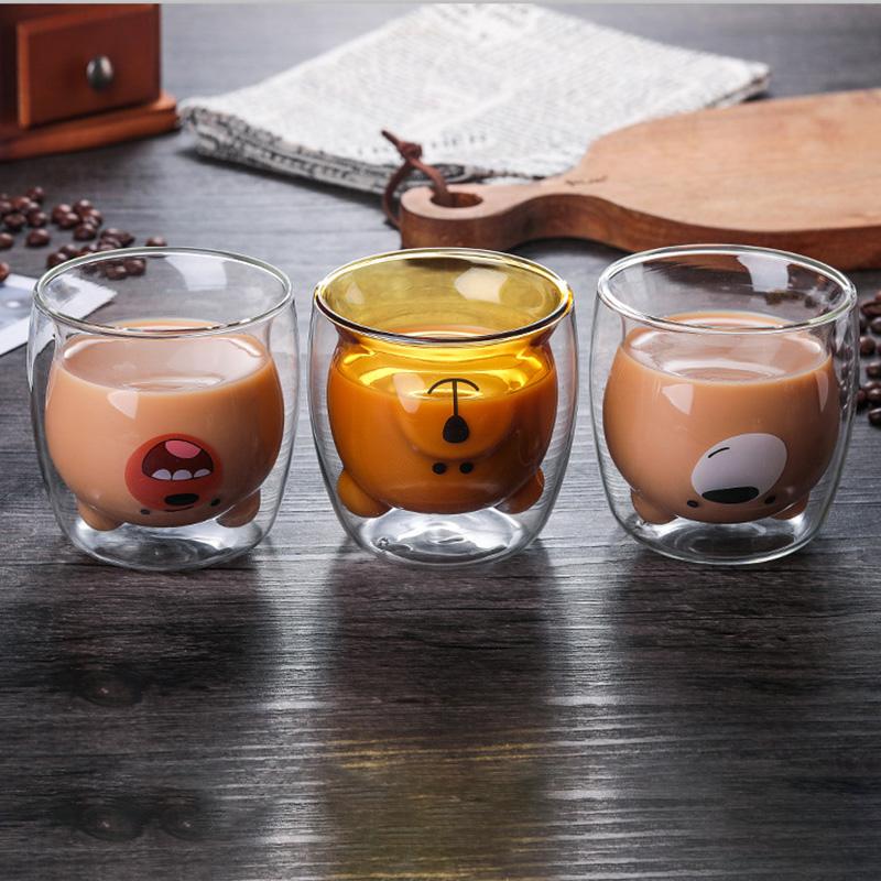 Vysoké borosilikátové dvojité žáruvzdorné sklo hrnek s medvědem kreslený hrnek na kávu hrnek na džus mléko