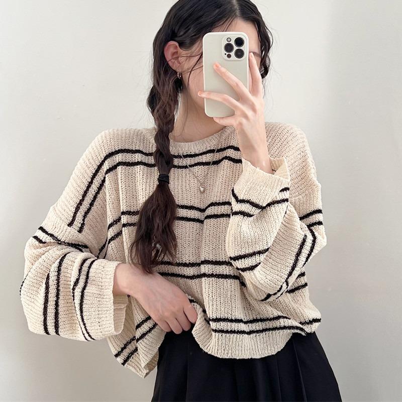 2025 Fashion Long Sleeve Stripes Pullover Sweater Women Loose Knitted Casual Thin Office Short Blouse Casual Simple Hollow Out O-neck Elegant Tops