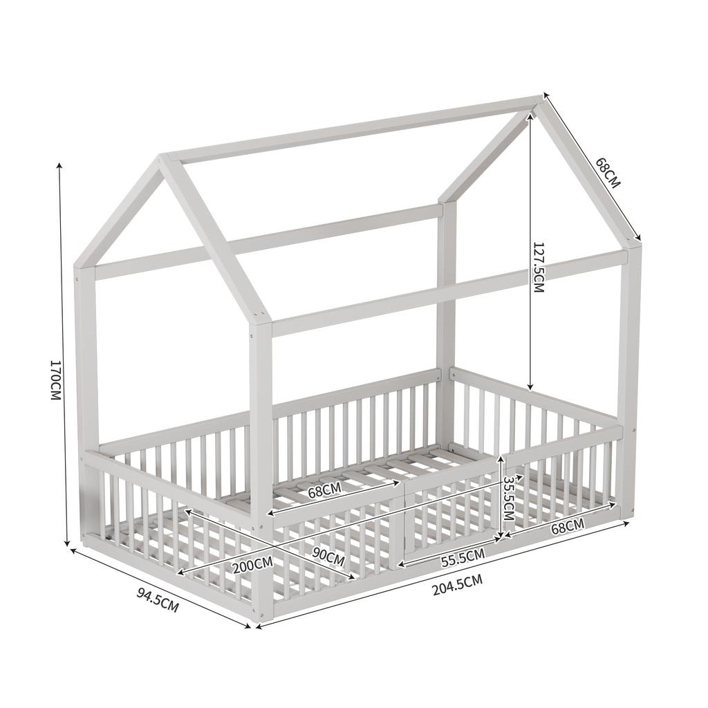Children's Bed 90x200 Solid Wood House Shape Double Bed, Sturdy, Suitable for Single Bed, Babies Children Adolescents, Without Mattress