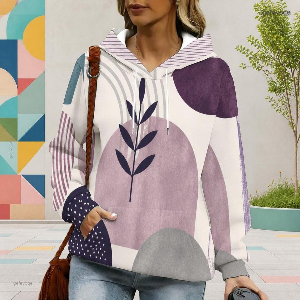 Women s Plus Size Long Sleeve Drawstring Hoodie Geometric Leaf Printed Pullover With Kangaroo Pocket