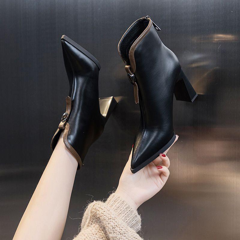 Модные кожаные ботильоны на высоком каблуке FHC 2024 женские короткие боты зимняя обувь ботильоны с острым носком молния сзади бежевые черные 35-39 дропшиппинг 39 чёрный 4747₽