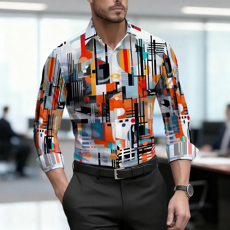 New Men s Shirt Fashion Abstract Printed Shirt Collar Long Sleeve Shirt Business Casual High Quality Men s Top S