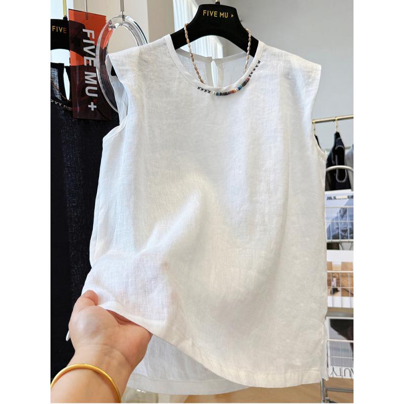 Women’s Summer Cotton-Linen Embroidered Sleeveless Top with Round Neck XXL белый
