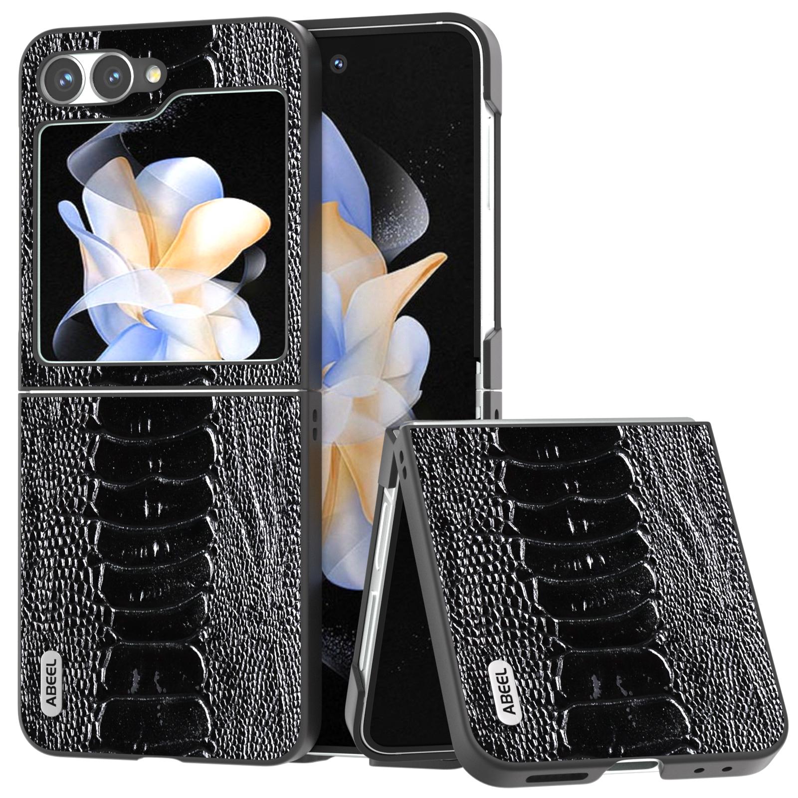 

For Samsung Galaxy Z Flip7 FE 5G/Z Flip6 5G Case Crocodile Texture Genuine Cow Leather Back Phone Cover Black