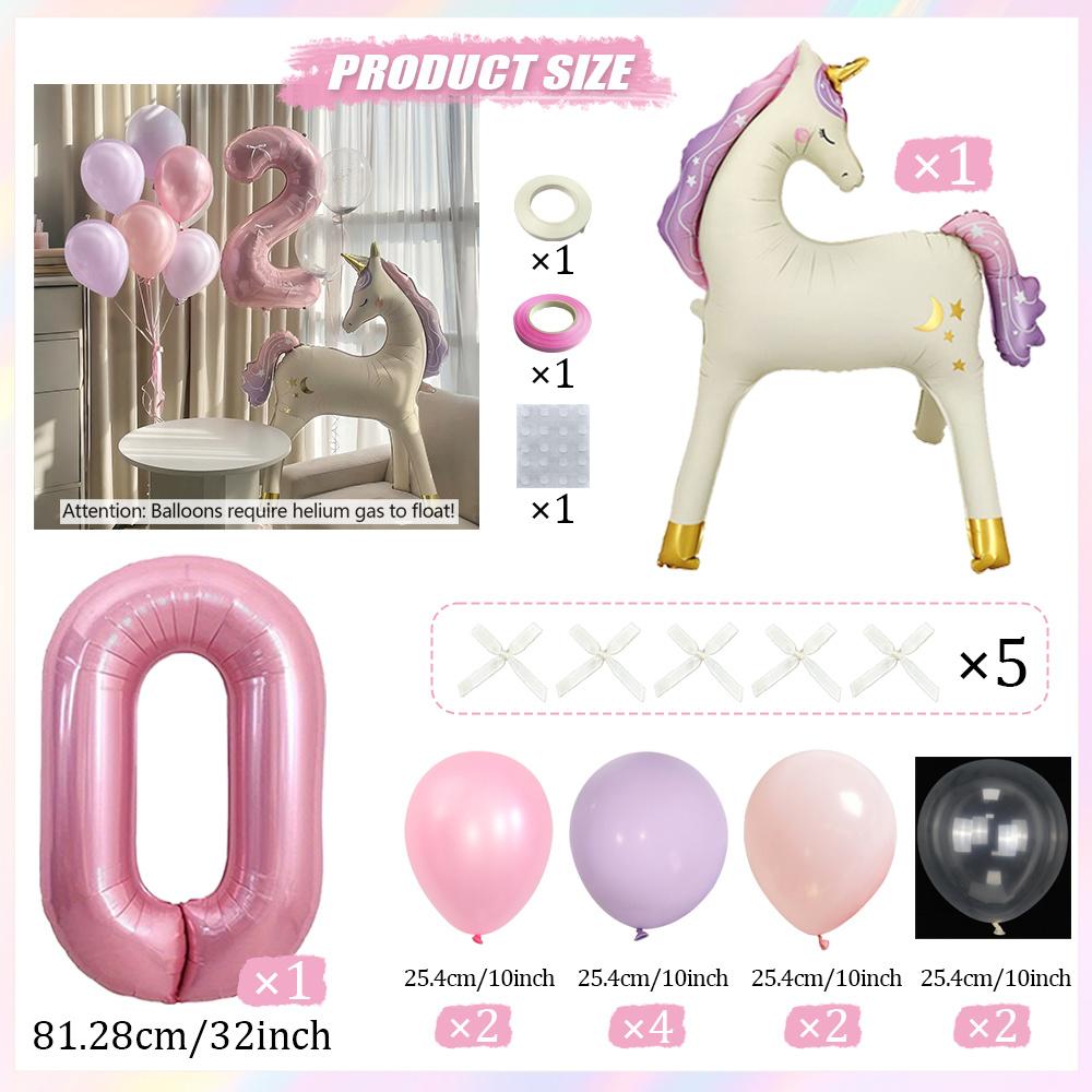 20pcs Standing Unicorn Horse Balloon Set 32 Inch Pink Number 0-9 Foil Balloons Standing Pegasus Birthday Party Decoration