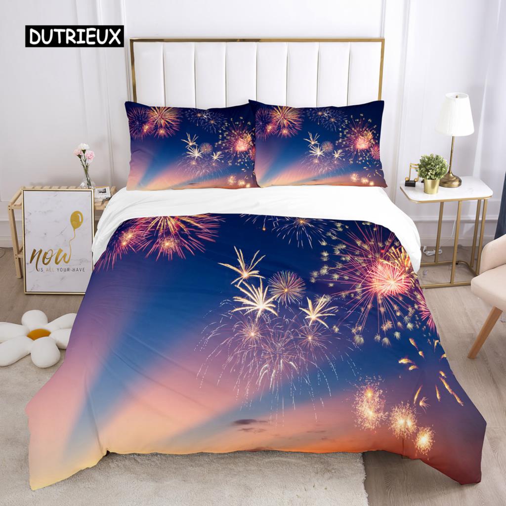 Firework Duvet Cover Set Queen Size Colourful Fires Bedding Set Microfiber Celebrate Merry Christmas Theme Soft Comforter Cover