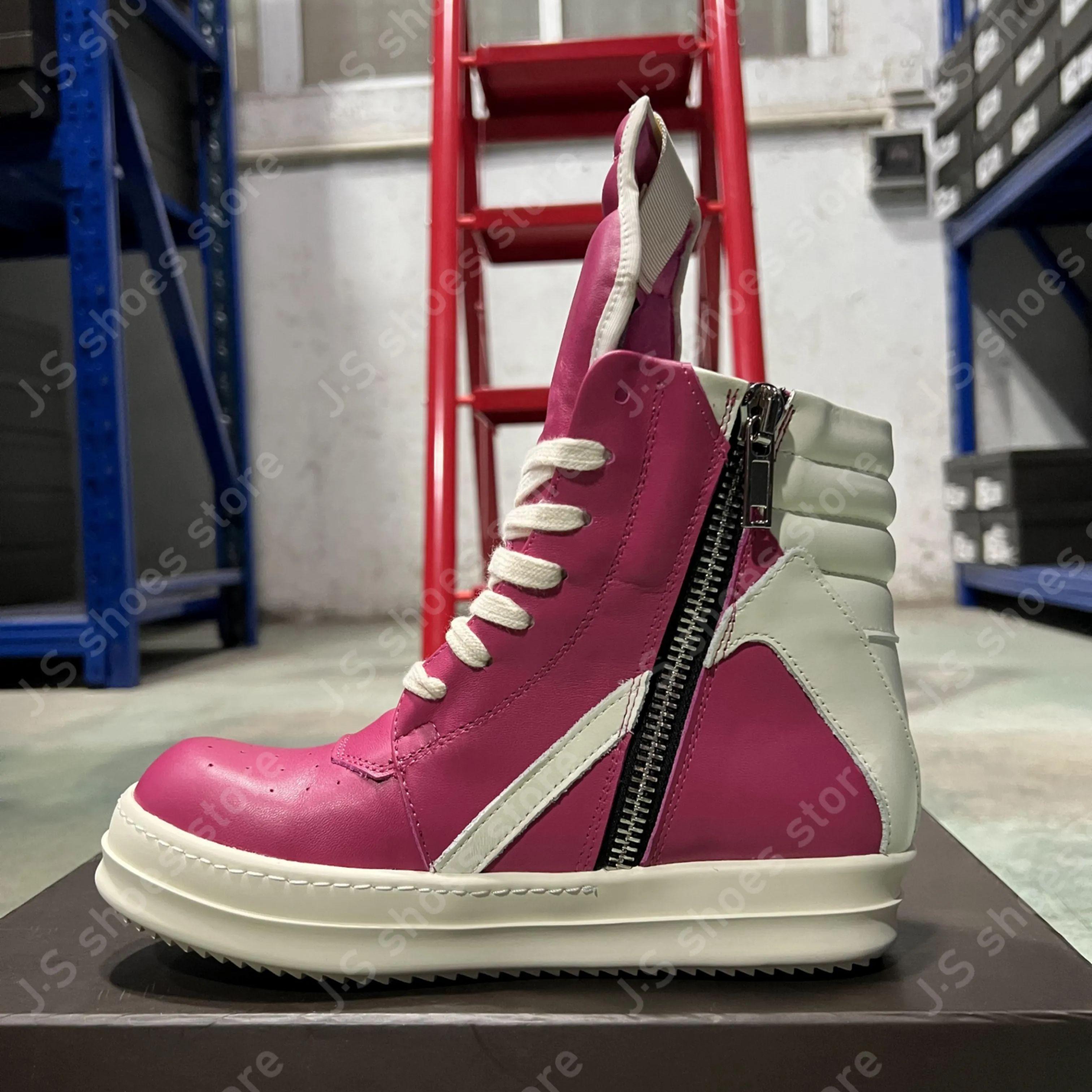 

Ro Genious Rose Pink Leather High Top Shoe Geobasket Boots Cowhide Sneakers Men Shoes Zipper Women Casual Sneaker Ankle Boot 34