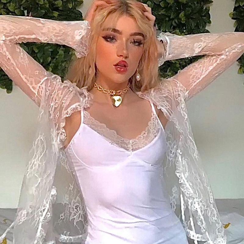 Lace Cardigan 2022 Summer Embroidery White Shirt Korean Clothes Beach Crochet Long Sleeve Top Women Ladies Sexy Blouse
