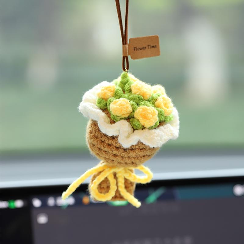 Woolen Rose Car Air Freshener Pendant - Rearview Mirror Ornament for Girls' Car Interior Decoration