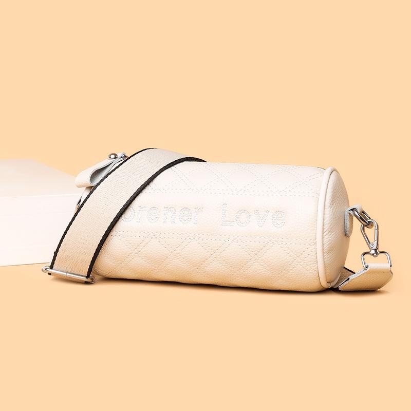 Soft Leather Women'S Bag First Layer Cowhide Cylinder Bag Trendy Fashion Wide Shoulder Strap Single Shoulder Messenger Bag