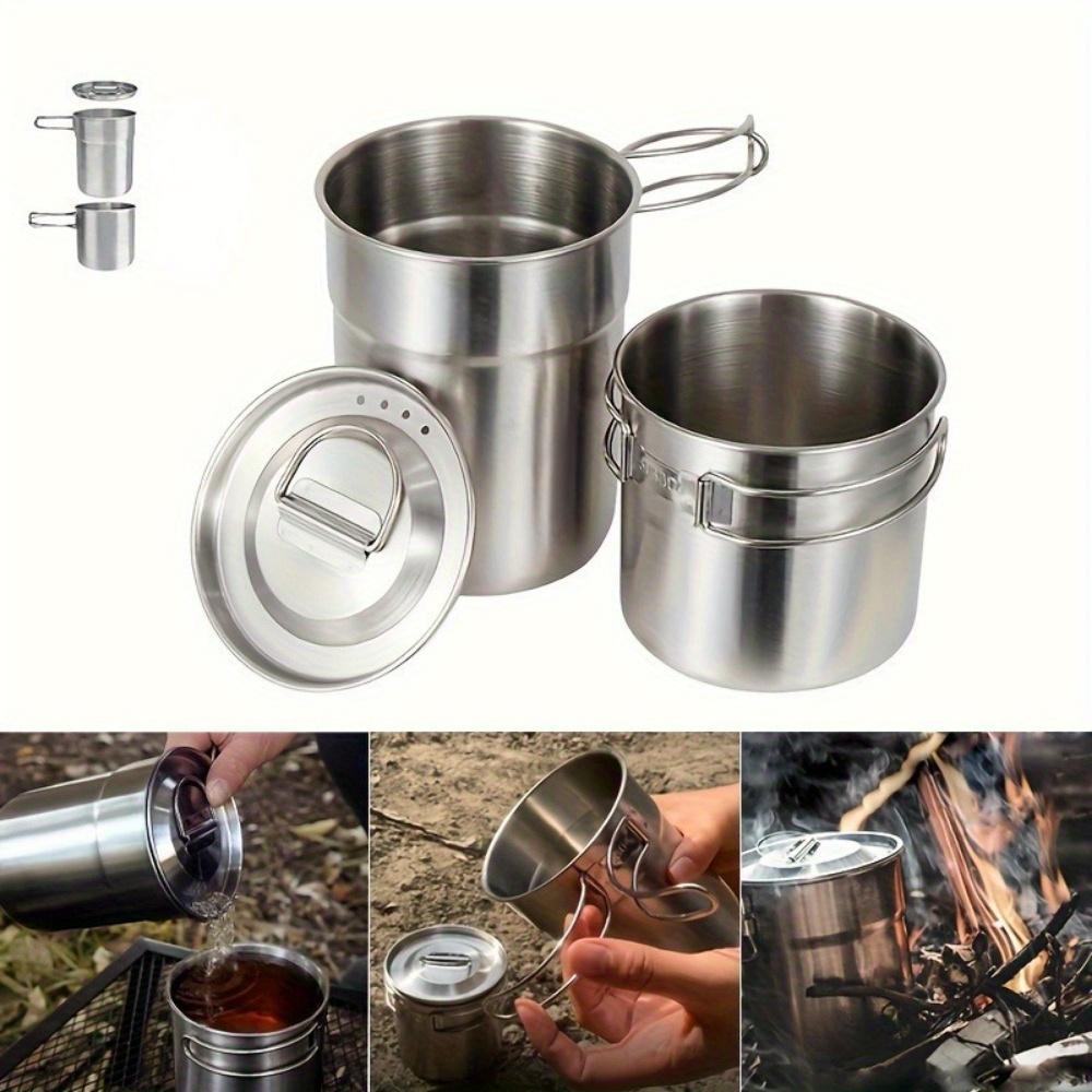 304 Stainless Steel Mug 2pcs Set, Folding Handle Coffee Cup, Outdoor Camping Portable Cookware Pot