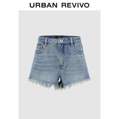 UR 2025 Autumn Women's Retro Fringed Denim Shorts