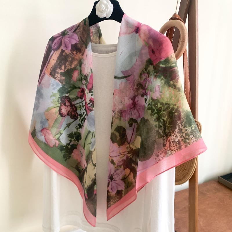 [Variety sunscreen shawl retro printed square scarf women's summer silk cotton silk scarf