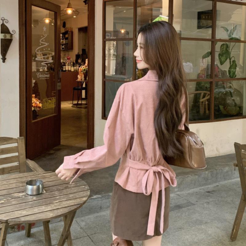 Autumn/Winter Korean Corduroy Tie-Up Lapel Shirt for Women - Elegant, Slimming, Chic, and Versatile Top