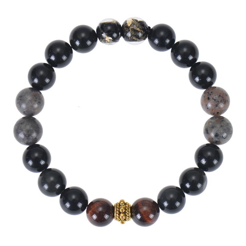 Obsidian Flame & Red Tiger Eye Beaded Bracelet: Mythical Wukong Hand Jewelry with Gold Foil Accents
