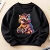 Kids Crewneck Long Sleeve Sweatshirt, Trendy Cute Gaming Raccoon with Headphones Print