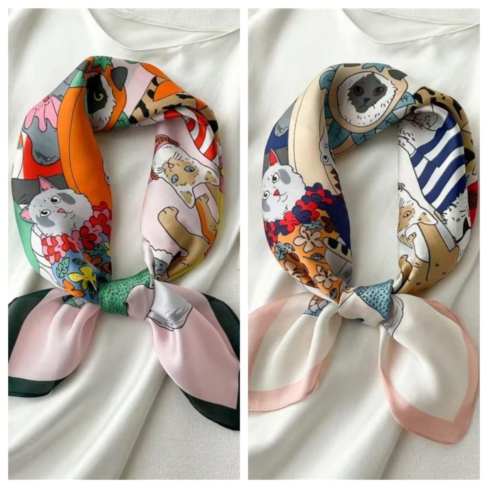 Retro Cartoon Cat Head Wrap Headband Imitation Silk Women Neckerchief  Spring and Summer