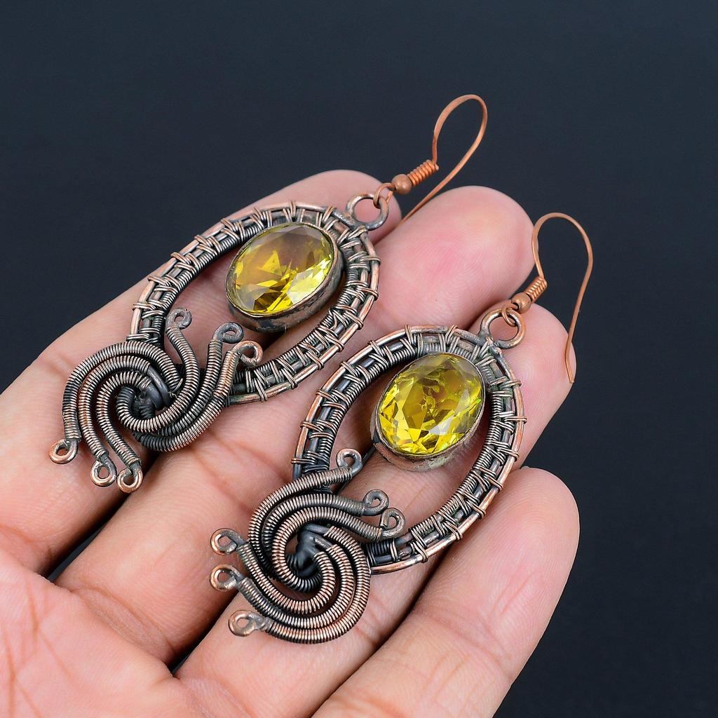 Citrine Earrings, 999 Copper Wire Wrapped Gemstone Jewelry, Handmade Earrings, For Thanksgiving