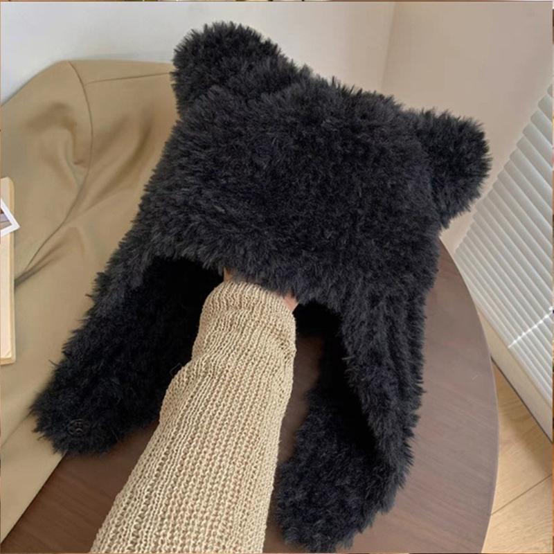 Bear Ear Hat Bear Earflap Beanie Hat Ski Hat Hooded Hat Fleece Earflap Beanie Bomber Hat Plush Trapper Hat