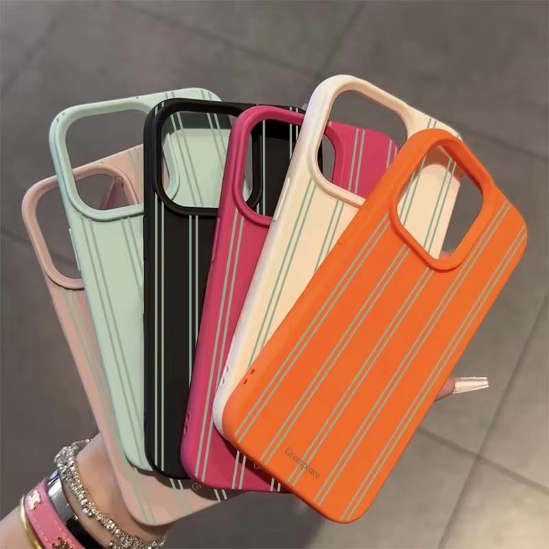 Custodia per Telefono con Strisce Verdi e Motivo Litchi Per iPhone 17 16 15 14 13 12 11 Pro Max XS X XR 16 Plus 16e Cover in Silicone Antiurto