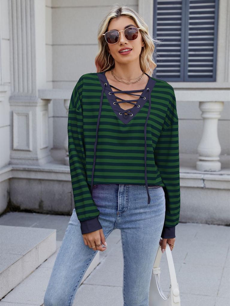 Spring/Summer New Style Striped V-Neck Sweatshirt with Tying Long Sleeve for Women