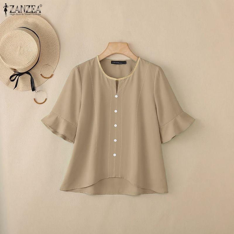 ZANZEA Women Casual Round Neck Solid Color Loose Half Sleeve Blouse