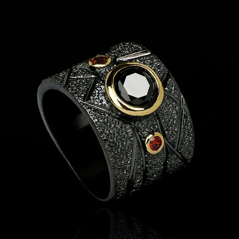 New Exquisite Leaf Flower Color Zircon Ladies Women's Ring Jewelry Black Gold Two-color Red Zircon Ring Ladies Ring