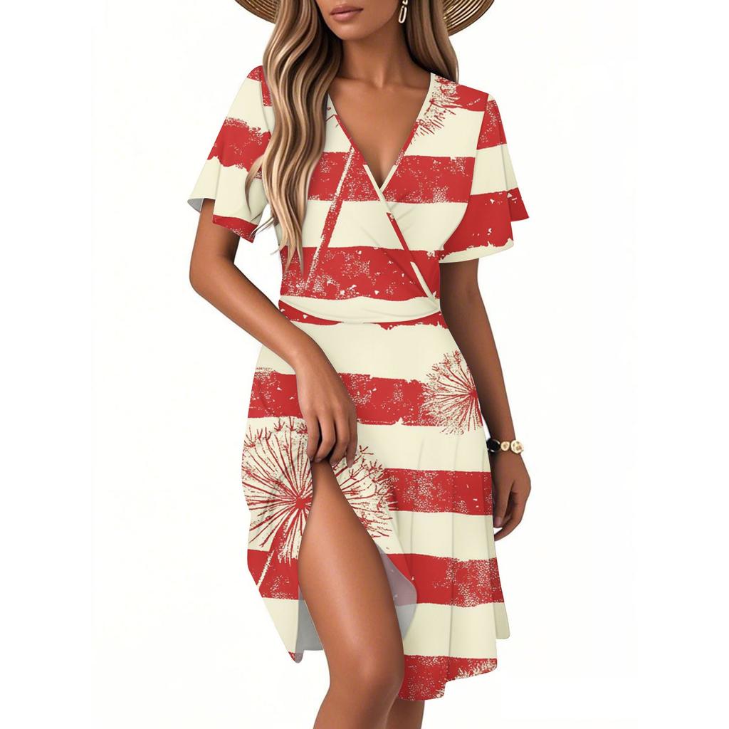 Dámské ležérní módní šaty Vintage květinové květinové šaty s krátkým rukávem a výstřihem do V