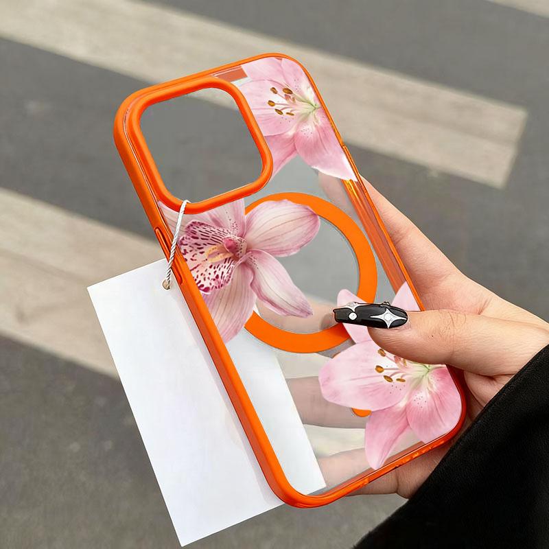 

Pink Floral Lily Orchid Pattern-Pastel Magnetic Phone Case For iPhone 17 16 15 14 13 12 11 Pro Max 16 Plus 16E 17 Air Cover iPhone 12 помаранчевий