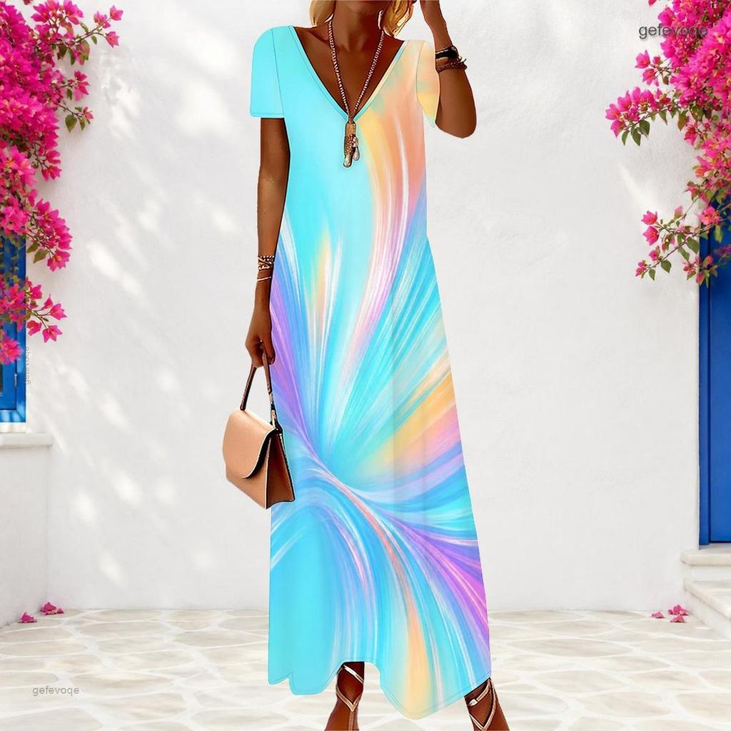 Women Plus Size V Neck Short Sleeve Light Blue Printed Maxi Dress