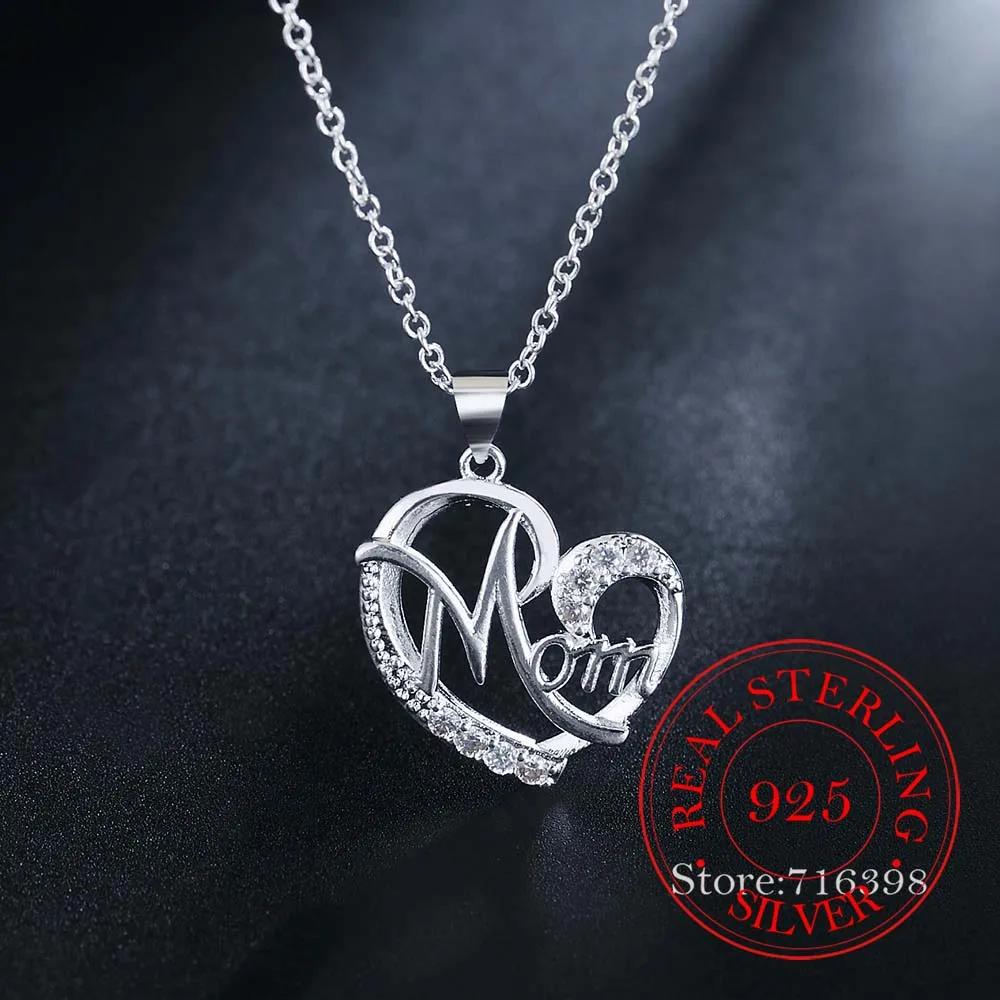 Letter Mom 925 Sterling Silver Fashion AAA Zirconia Crystal Charm Loves Heart Necklace & Pendant Women Mother's Day Gift For Mum