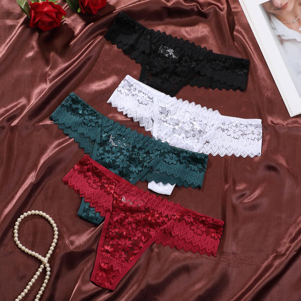 Women's Thongs Sexy Perspective Lace Flower Pattern Hollow Out Low-Waist Butterfly Knot Breathable Intimates Super Comfortable