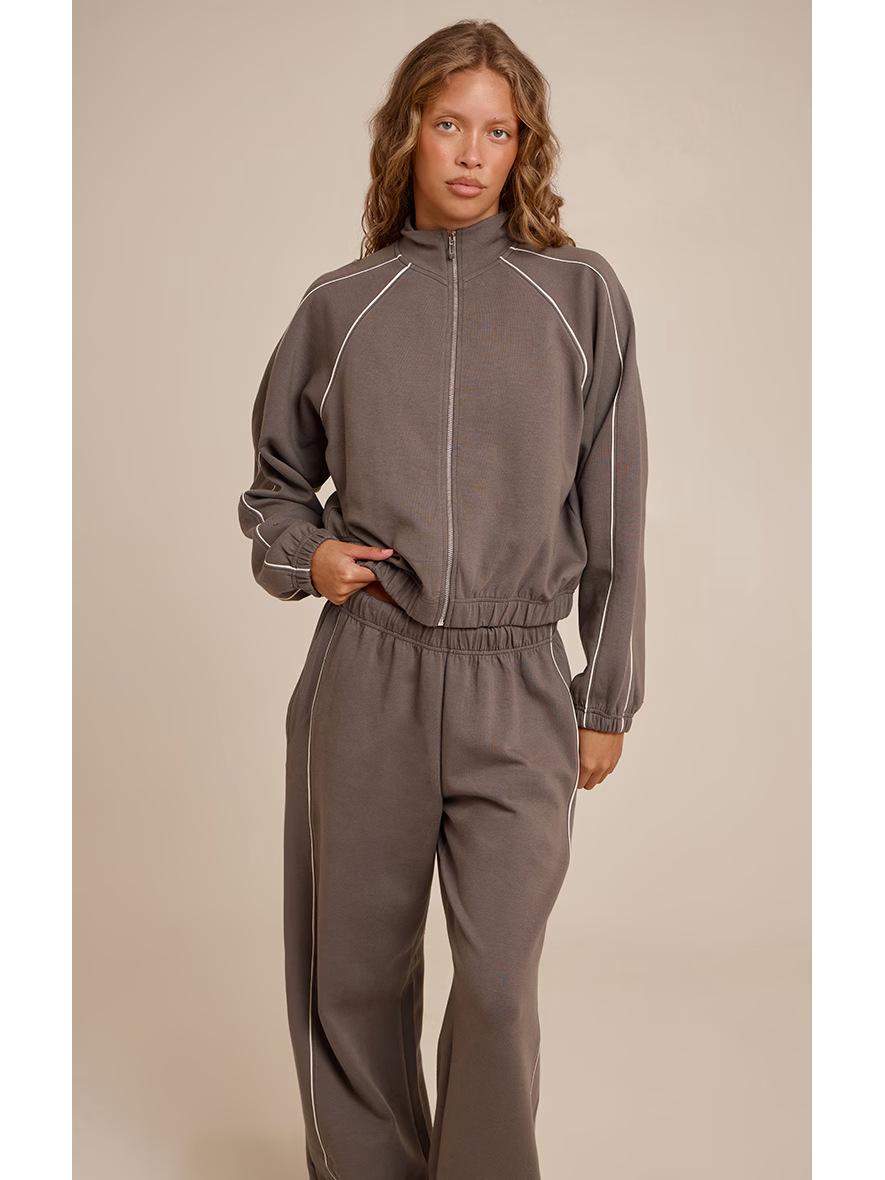

2026 European Spring/Summer Fashion Zipper Stand Collar & Elastic Waist Long Pants Set Small сірий колір