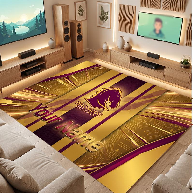Brisbane Broncos Personalisierter Kristall-Samt-Teppich, Benutzerdefinierter Name Text Weicher Anti-Rutsch-Teppich für Wohnzimmer Schlafzimmer